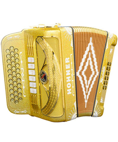 “Exclusiva en Repertorio Wagner Online” Hohner Acordeón Diatónico Fa-Sib-Mib/Mi-La-Re Dorado A8000-FBBEB/EAD-HLDG con Estuche, Anacleto ''Norteño''