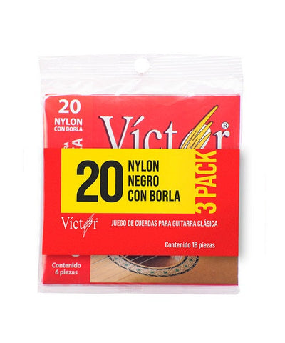 Víctor Encordaduras para Guitarra Clásica VCGS-20-3P Nylon Negro + Entorcado Tumbaga Dorado con Borla, 3 Pack
