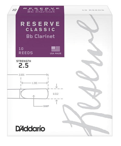 D'Addario Woodwinds Cañas Reserve Classic para Clarinete Si Bemol 2 1/2, DCT1025(10), Caja con 10 Pzas