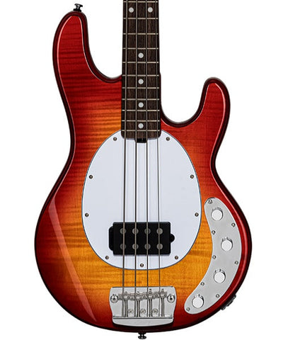 "Exclusiva en Repertorio Wagner Online" Sterling by Music Man Bajo Eléctrico Ámbar Transparente/Sombreado Rojo con Funda RAY34FM-HCB-R2, StingRay