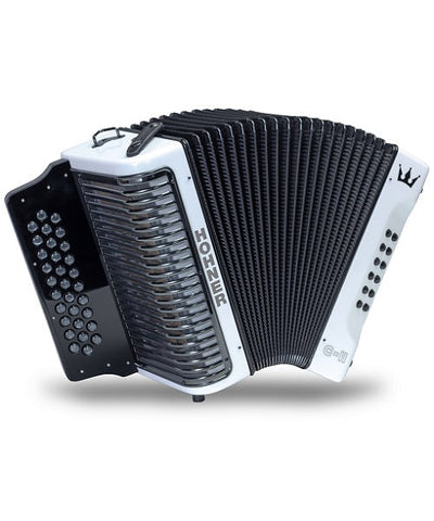 "Exclusiva en Repertorio Wagner Online" Hohner Acordeón Diatónico Sol-Do-Fa Blanco/Tornasol con Funda A5016, "Corona C-II"