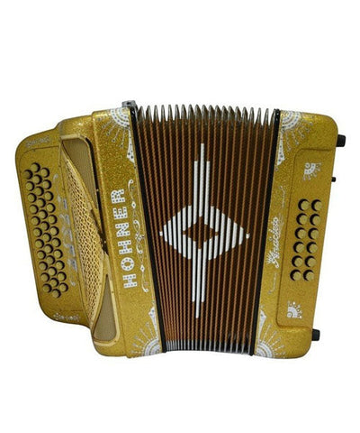 "Exclusiva en Repertorio Wagner Online" Hohner Acordeón Diatónico Anacleto Fa-Sib-Mib Dorado con Estuche A9700-FBBEB-HLDG "Norteño"