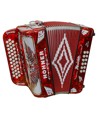 "Exclusiva en Repertorio Wagner Online" Hohner Acordeón Diatónico Anacleto Fa-Sib-Mib Rojo con Estuche A9730-FBBEB-RD "Rey Aguila III"