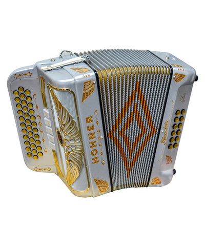 "Exclusiva en Repertorio Wagner Online" Hohner Acordeón Diatónico Anacleto Fa-Sib-Mib Plata con Estuche A9730-FBBEB-SF "Rey Aguila III"