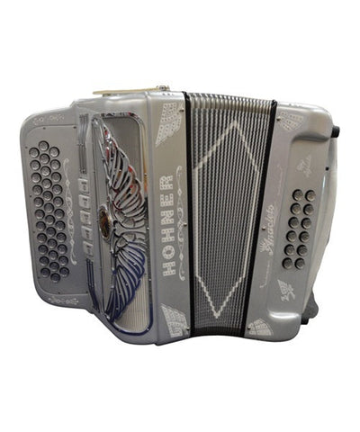 "Exclusiva en Repertorio Wagner Online" Hohner Acordeón Diatónico Anacleto Fa-Sib-Mib Plata con Estuche A9730-FBBEB-SF "Rey Aguila III"