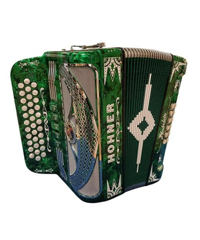 "Exclusiva en Repertorio Wagner Online" Hohner Acordeón Diatónico Fa-Sib-Mib Turquesa AA9700-FBBEB-GR con Estuche, Anacleto ''Norteño''