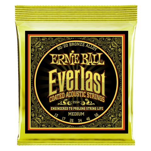 Ernie Ball Encordadura Everlast Medium Coated 80/20 Bronze 2554, Guitarra Acústica, 13-56