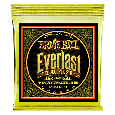 Ernie Ball Encordadura Everlast Extra-Light Coated 80/20 Bronze 2560, Guitarra Acústica, 10-50