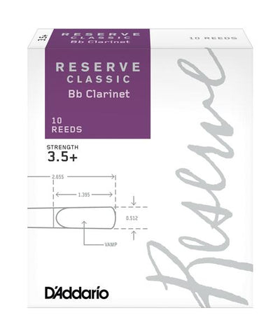 D'Addario Woodwinds Cañas Reserve Classic Para Clarinete Si Bemol 3 1/2+, DCT10355(10), Caja Con 10 Pzas