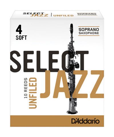 D'Addario Woodwinds (Rico) Cañas "Select Jazz" Para Saxofón Soprano 4S Unfiled, RRS10SSX4S(10), Caja Con 10 Pzas